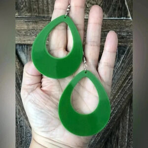Dark Olive Green Really Huge Acrylic Hollow Teardrop Hoop Earring NWT